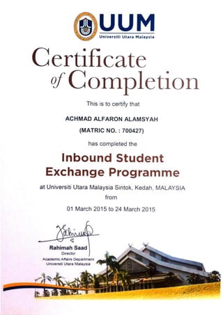 Inbound Student Exchange Certificate