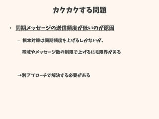カクカクする問題
• 同期メッセージの送信頻度が低いのが原因
– 根本対策は同期頻度を上げるしかないが、
帯域やメッセージ数の制限で上げるにも限界がある
→別アプローチで解決する必要がある
 