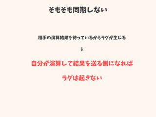 そもそも同期しない
相手の演算結果を待っているからラグが生じる
↓
自分が演算して結果を送る側になれば
ラグは起きない
 