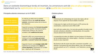 22
Dans un contexte économique tendu et incertain, les annonceurs sont de plus en plus exigeants,
notamment sur la sophistication de la mesure et la qualité des inventaires
Principales attentes annonceurs sur le FY 2022 Citations phares
Au-delà du pur ROI et de la visibilité,
capacité à fournir des outils de mesure
avancés, notamment autour de la mesure
de l’attention
Outils de mesure
fiables et avancés
ATTENTES ANNONCEURS Zoom : ATTENTES ANNONCEURS
Capacité à fournir une stratégie média 360
exploitant les synergies entre digital et
canaux physiques, notamment sur la vidéo
(ex. « catch-up » & TV linéaire)
Stratégie
omnicanale
Capacité à offrir aux consommateurs le
contenu et le format le plus percutant
possible en ancrant l’univers des marques
Prise de parole
différenciante
Formats de qualité
et au fort apport de
couverture
Capacité à proposer des formats de qualité
(contexte de qualité, inventaires propres,
maîtrise des contenus, etc.) tout en
accédant à des audiences de masse
J’attends plus de méthodologie de la part des régies, afin de
disposer d’une capacité de mesure fiable et avancée
L’enjeu pour les régies va être de trouver un KPI commun de
monétisation, notamment entre CPM et GRP
Avec la fin des cookies tiers, il ne sera plus possible d’accéder à des
données utilisateurs détaillées et individualisées. De nouvelles
mesures doivent être inventées
‘ La proposition de valeur du digital n’est pas toujours à la hauteur
sur les problématiques de « brand safety ». Pourtant, le contexte est
de plus en plus important
Nos facteurs clés de succès sont clairs: couverture et qualité – ces
attentes n’ont jamais été aussi fortes depuis 3 ans. Par exemple, je
suis plus présent sur la TV « streamée », car l’attention y est plus
élevée
Sources : SRI, entretiens réalisés sur la période de janvier 2023 avec les acteurs du marché, informations publiques, analyse Oliver Wyman
#Obsepub
 