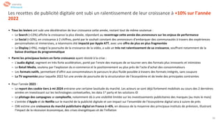 33
Les recettes de publicité digitale ont subi un ralentissement de leur croissance à +10% sur l’année
2022
• Tous les leviers ont subi une décélération de leur croissance cette année, restant tout de même soutenue :
– Le Search (+13%) affiche la croissance la plus élevée, répondant au recentrage cette année des annonceurs sur les enjeux de performance
– Le Social (+10%), en croissance à 2 chiffres, porté par le souhait constant des annonceurs d’embarquer des communautés à travers des expériences
personnalisées et immersives, a néanmoins été impacté par Apple ATT, avec une offre de plus en plus fragmentée
– Le Display (+9%), malgré la poursuite de la croissance de la vidéo, a subi un très net ralentissement de sa croissance, souffrant notamment de la
baisse drastique du programmatique
• Parmi les principaux leviers en forte croissance ayant résisté à la crise :
– L’audio digital, segment en très forte accélération, porté par l’envie des marques de se tourner vers des formats plus innovants et intimistes
– Le Retail Media, soutenu par l’explosion du e-commerce et le positionnement au plus près de l’acte d’achat des consommateurs
– Les formats natifs, permettant d’offrir aux consommateurs le parcours le plus fluide possible à travers des formats intégrés, sans coupure
– La TV segmentée pour laquelle 2022 fut une année de poursuite de la structuration de l’écosystème et de levée des principales contraintes
• Pour l’année 2023 :
– Le report des cookie tiers à mi-2024 entraine une certaine lassitude du marché. Les acteurs se sont déjà fortement mobilisés au cours des 2 dernières
années en investissant sur les technologies contextuelles, les data 1st party et les solutions ID
– Le pilotage des campagnes se complexifie, notamment dû à une visibilité limitée sur les investissements publicitaires des marques (au mois le mois)
– L’entrée d’Apple et de Netflix sur le marché de la publicité digitale et son impact sur l’ensemble de l’écosystème digital sera à suivre de près
– OW estime une croissance du marché publicitaire digital en France à +6%, en dessous de la moyenne des principaux instituts de prévision, illustrant
l’impact de la récession économique, des crises énergétiques et de l’inflation
SYNTHÈSE
#Obsepub
 