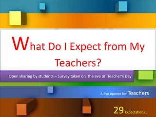 What Do I Expect from My
Teachers?
Open sharing by students – Survey taken on the eve of Teacher’s Day
A Eye opener for Teachers
29Expectations…
 