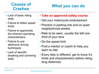 company.com
Causes of
Crashes
• Take an approved safety course
• Get your motorcycle endorsement
• Practice in parking lots and on quiet
neighborhood streets
• Ride to be seen, usually the left one
third of your lane
• Do the speed limit
• Find a mentor or coach to help you
learn to ride
• Every bike is different, get to know it’s
limits and characteristics before riding
long distances
Company Global Safety Day 2014
• Lack of basic riding
skills
• Failure to follow speed
limits
• Failure to appreciate
the inherent operating
characteristics
• Failure to use
defensive driving
techniques
• Lack of specific
breaking and cornering
skills
What you can do
 