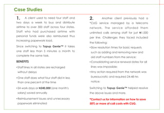 A client used to need four staff and
two days a week to buy and distribute
airtime to over 300 staff across four states.
Staff who had purchased airtime with
personal funds were also reimbursed thus
increasing paperwork load.
Since switching to Topup Genie™ it takes
one staff less than 5 minutes a month to
complete the same task.
BENEFITS
• Staff lines in all states are recharged
without delays
• One staff does what four staff did in less
than one percent of the time
• 24 work days or 240,000 (one month's
salary) saved annually
• Reimbursement issues and unnecessary
paperwork eliminated
Another client previously had a
*CUG service managed by a telecoms
network. The service afforded them
unlimited calls among staff for just 1,000
per line. Challenges they faced included
the following:
• Slow resolution times for basic requests
such as adding and removing new and
old staff numbers from the service;
• Consolidating service renewal dates for all
lines was impossible;
• Any action required from the network was
bureaucratic and required 24-48 hrs
notice;
Switching to Topup Genie™ helped resolve
the above issues and more.
Case Studies
1. 2.
*Contact us for information on how to save
50% or more of call costs with CUG.
 