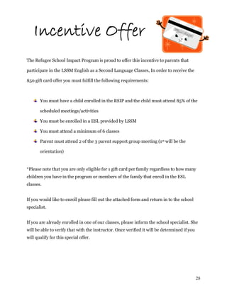 Incentive Offer
The Refugee School Impact Program is proud to offer this incentive to parents that
participate in the LSSM English as a Second Language Classes, In order to receive the
$50 gift card offer you must fulfill the following requirements:
You must have a child enrolled in the RSIP and the child must attend 85% of the
scheduled meetings/activities
You must be enrolled in a ESL provided by LSSM
You must attend a minimum of 6 classes
Parent must attend 2 of the 3 parent support group meeting (1st will be the
orientation)
*Please note that you are only eligible for 1 gift card per family regardless to how many
children you have in the program or members of the family that enroll in the ESL
classes.
If you would like to enroll please fill out the attached form and return in to the school
specialist.
If you are already enrolled in one of our classes, please inform the school specialist. She
will be able to verify that with the instructor. Once verified it will be determined if you
will qualify for this special offer.
28
 