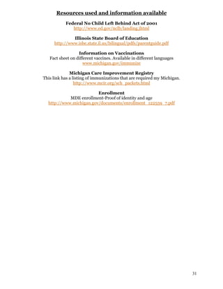 31
Resources used and information available
Federal No Child Left Behind Act of 2001
http://www.ed.gov/nclb/landing.jhtml
Illinois State Board of Education
http://www.isbe.state.il.us/bilingual/pdfs/parentguide.pdf
Information on Vaccinations
Fact sheet on different vaccines. Available in different languages
www.michigan.gov/immunize
Michigan Care Improvement Registry
This link has a listing of immunizations that are required my Michigan.
http://www.mcir.org/sch_packets.html
Enrollment
MDE enrollment-Proof of identity and age
http://www.michigan.gov/documents/enrollment_122559_7.pdf
 