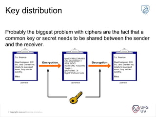 Key distribution
Probably the biggest problem with ciphers are the fact that a
common key or secret needs to be shared between the sender
and the receiver.
 