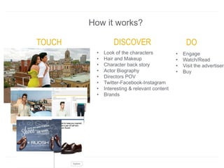 DODISCOVERTOUCH
• Look of the characters
• Hair and Makeup
• Character back story
• Actor Biography
• Directors POV
• Twitter-Facebook-Instagram
• Interesting & relevant content
• Brands
• Engage
• Watch/Read
• Visit the advertiser
• Buy
How it works?
 