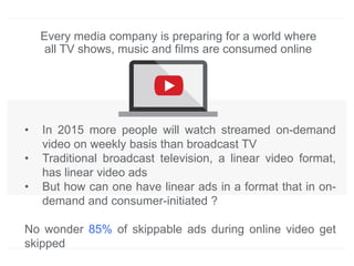Every media company is preparing for a world where
all TV shows, music and films are consumed online
• In 2015 more people will watch streamed on-demand
video on weekly basis than broadcast TV
• Traditional broadcast television, a linear video format,
has linear video ads
• But how can one have linear ads in a format that in on-
demand and consumer-initiated ?
No wonder 85% of skippable ads during online video get
skipped
 