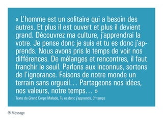 « L’homme est un solitaire qui a besoin des
  autres. Et plus il est ouvert et plus il devient
  grand. Découvrez ma culture, j’apprendrai la
  votre. Je pense donc je suis et tu es donc j’ap-
  prends. Nous avons pris le temps de voir nos
  différences. De mélanges et rencontres, il faut
  franchir le seuil. Parlons aux inconnus, sortons
  de l’ignorance. Faisons de notre monde un
  terrain sans orgueil… Partageons nos idées,
  nos valeurs, notre temps… »
  Texte de Grand Corps Malade, Tu es donc j’apprends, 3e temps


Message
 
