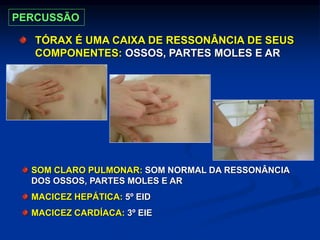 TÓRAX É UMA CAIXA DE RESSONÂNCIA DE SEUS
COMPONENTES: OSSOS, PARTES MOLES E AR
SOM CLARO PULMONAR: SOM NORMAL DA RESSONÂNCIA
DOS OSSOS, PARTES MOLES E AR
MACICEZ HEPÁTICA: 5º EID
MACICEZ CARDÍACA: 3º EIE
PERCUSSÃO
 