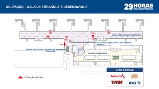 OCUPAÇÃO – SALA DE EMBARQUE E DESEMBARQUE
= direção da face
114
118
101
102 76
153
157
SALA DE EMBARQUE/DESEMBARQUE
ESCADA DE ACESSO ÀS ESTEIRAS DE
BAGAGENS
ESCADA DE ACESSO À SALA DE EMBARQUE
REMOTO
RAIO-X
SAGUÃO DE EMBARQUE
CIAS AÉREAS
 