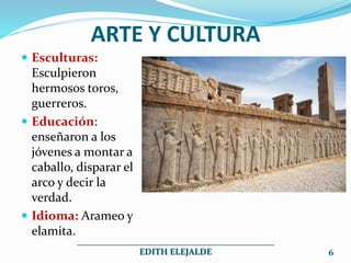 ARTE Y CULTURA
Esculturas:
Esculpieron
hermosos toros,
guerreros.
Educación:
enseñaron a los
jóvenes a montar a
caballo, disparar el
arco y decir la
verdad.
Idioma: Arameo y
elamita.
_____________________________________________
EDITH ELEJALDE 6