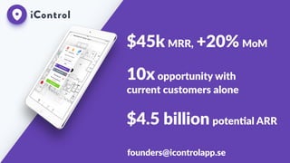 $45k  MRR,  +20%  MoM  
10x  opportunity  with  
current  customers  alone  
$4.5  billion  poten0al  ARR    
founders@ico...