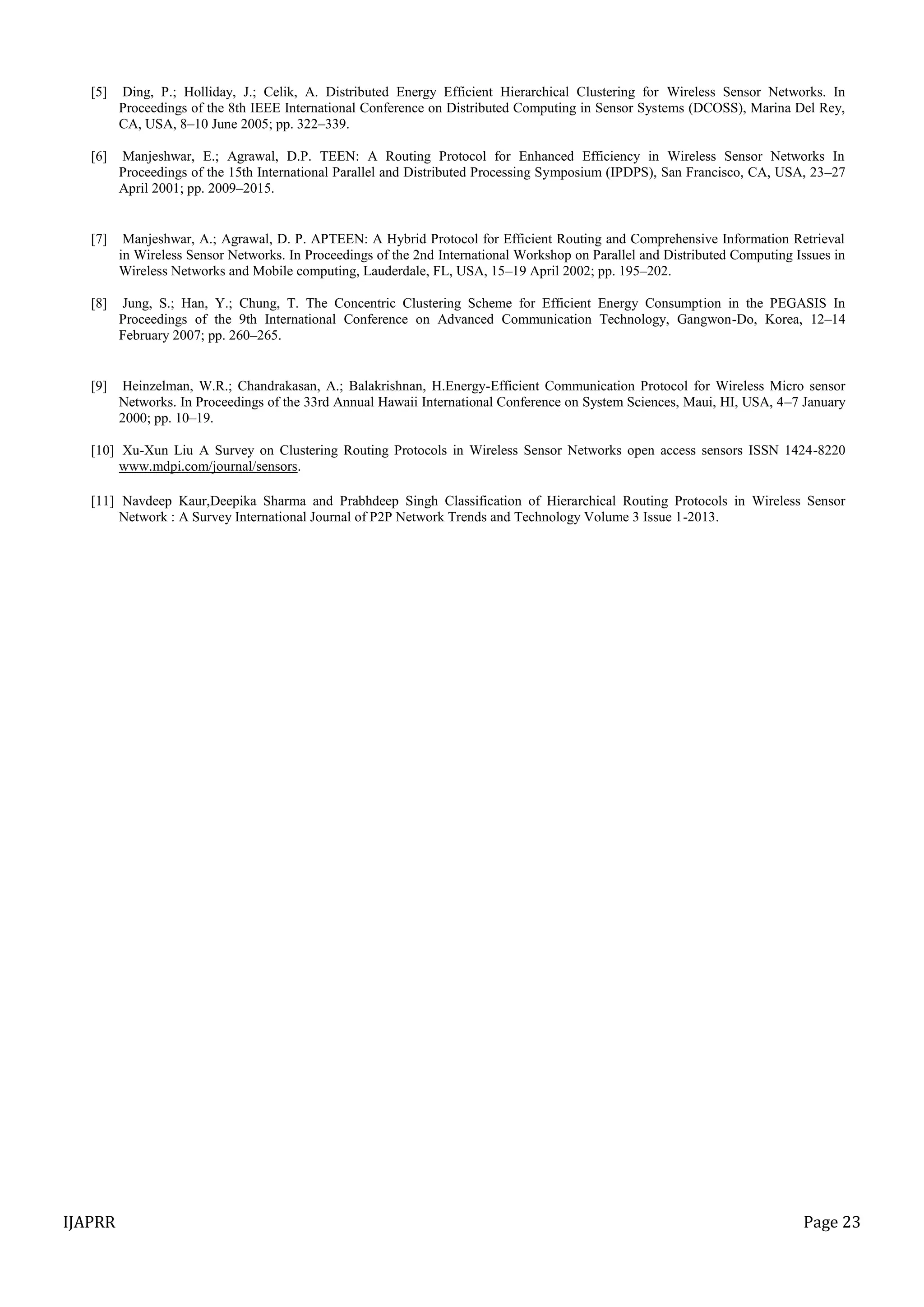 IJAPRR Page 23
[5] Ding, P.; Holliday, J.; Celik, A. Distributed Energy Efficient Hierarchical Clustering for Wireless Sensor Networks. In
Proceedings of the 8th IEEE International Conference on Distributed Computing in Sensor Systems (DCOSS), Marina Del Rey,
CA, USA, 8–10 June 2005; pp. 322–339.
[6] Manjeshwar, E.; Agrawal, D.P. TEEN: A Routing Protocol for Enhanced Efficiency in Wireless Sensor Networks In
Proceedings of the 15th International Parallel and Distributed Processing Symposium (IPDPS), San Francisco, CA, USA, 23–27
April 2001; pp. 2009–2015.
[7] Manjeshwar, A.; Agrawal, D. P. APTEEN: A Hybrid Protocol for Efficient Routing and Comprehensive Information Retrieval
in Wireless Sensor Networks. In Proceedings of the 2nd International Workshop on Parallel and Distributed Computing Issues in
Wireless Networks and Mobile computing, Lauderdale, FL, USA, 15–19 April 2002; pp. 195–202.
[8] Jung, S.; Han, Y.; Chung, T. The Concentric Clustering Scheme for Efficient Energy Consumption in the PEGASIS In
Proceedings of the 9th International Conference on Advanced Communication Technology, Gangwon-Do, Korea, 12–14
February 2007; pp. 260–265.
[9] Heinzelman, W.R.; Chandrakasan, A.; Balakrishnan, H.Energy-Efficient Communication Protocol for Wireless Micro sensor
Networks. In Proceedings of the 33rd Annual Hawaii International Conference on System Sciences, Maui, HI, USA, 4–7 January
2000; pp. 10–19.
[10] Xu-Xun Liu A Survey on Clustering Routing Protocols in Wireless Sensor Networks open access sensors ISSN 1424-8220
www.mdpi.com/journal/sensors.
[11] Navdeep Kaur,Deepika Sharma and Prabhdeep Singh Classification of Hierarchical Routing Protocols in Wireless Sensor
Network : A Survey International Journal of P2P Network Trends and Technology Volume 3 Issue 1-2013.
 