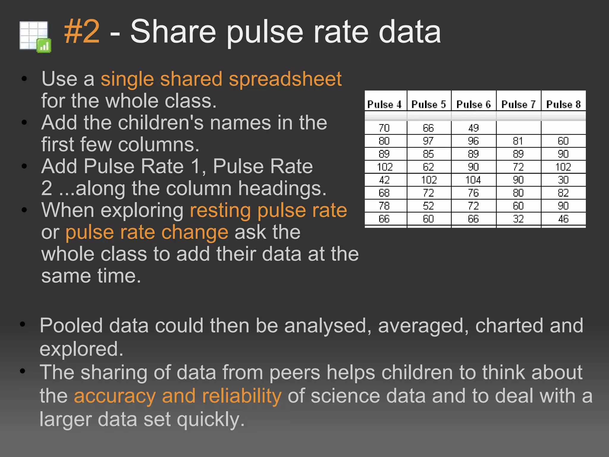 #2  - Share pulse rate data Use a  single shared spreadsheet  for the whole class. Add the children's names in the first few columns. Add Pulse Rate 1, Pulse Rate 2 ...along the column headings. When exploring  resting pulse rate  or  pulse rate change  ask the whole class to add their data at the same time. Pooled data could then be analysed, averaged, charted and explored. The sharing of data from peers helps children to think about the  accuracy and reliability  of science data and to deal with a larger data set quickly. 