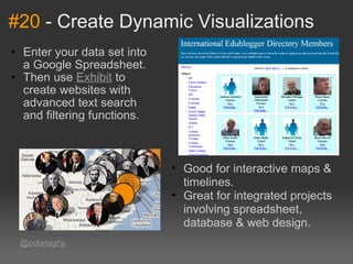 #20  - Create Dynamic Visualizations Enter your data set into a Google Spreadsheet.  Then use  Exhibit  to create websites with advanced text search and filtering functions.  @pdonaghy Good for interactive maps & timelines.  Great for integrated projects involving spreadsheet, database & web design.  
