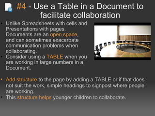 #4  - Use a Table in a Document to facilitate collaboration Unlike Spreadsheets with cells and Presentations with pages, Documents are an  open space , and can sometimes exacerbate communication problems when collaborating. Consider using a  TABLE  when you are working in large numbers in a Document. Image: ' Staatsrat (round table) '  Add structure  to the page by adding a TABLE or if that does not suit the work, simple headings to signpost where people are working. This  structure helps  younger children to collaborate. 