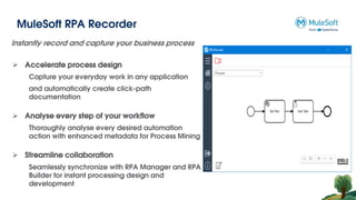 MuleSoft RPA Recorder
Instantly record and capture your business process
 Accelerate process design
Capture your everyday work in any application
and automatically create click-path
documentation
 Analyse every step of your workflow
Thoroughly analyse every desired automation
action with enhanced metadata for Process Mining
 Streamline collaboration
Seamlessly synchronize with RPA Manager and RPA
Builder for instant processing design and
development
 