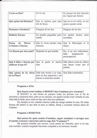 Creus en Déu?                 No lo veo.                   Si, porque me han educado
                                                           así. (Igual que Saleta).


Qué opines del Bakalao?       Que es música guai para Que no es mi estilo, no me
                              irte de fiesta.              quiero quedar sorda.

Pericana o Giraboix?          Ninguno de los dos.         Ninguno de los dos.

Defineix Xixona:              Un pueblo pequeñito pero Un pueblo festero              entre
                              matón.                       montañas.

Festes de Moros i             Que se viven mucho, muy Que        la   Marroquia es la
Cristians a Xixona:           intensas.                   mejor.

Va Xixona per bon camí? Depende en qué sentido.            No, si no nos esforzamos,
                                                           falta imaginación y
                                                           preocupación.


Qué  li falta a Xixona per Que       la   gente se mueva Más chicos como tú, chicos
millorar el que té?        más.                          que hacen cosas por el
                                                           pueblo.

Qué opines de Ies obres Está más bonito a la vista, Que falta terminarlas.
de la Plaga?            pero no hay papeleras y las
                              aceras se ensucian mucho.



            Pregunta a ANA:

            Qué funció social realitza el BOIXET dins I'ambient jove xixonenc?
            El BOIXET es una forma de juntarse todos los jóvenes con el fin             de
divertirse y pasárselo bien, pero en mi opinión, em agobia mucho estar sentada en una
silla toda latarde, pero como no hay otro sitio me conformo.
          No siempre es así, cuando estamos todas las amiga cambia la cosa. De todas
formas allí dentro lo que más se hace es hablar, fumar y escuchar música típica de
Catalino.

            Pregunta a MARI PAZ:

        Qué penses fer quan acabes d'estudiar, seguir estudiant o carregar sacs
d'ametles comunes i marcones amb la saga dels "Campanot'?
        Me gustaría estudiar una catrera, como puede ser Derecho, pero si no hay
más remedio, acabaré cargando haciendo compañía a mi hermano Amado.
 