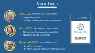 Core	Team	
A DV I SO RS
Alex,	CEO	Oxford	Physics,	Imperial	PhD	
•  Digital	disruption	
•  Strategy	and	empowerment	consultant	
Matt,	CTO	 Oxford	Physics,	Imperial	PhD	
•  Networking	&	automation	specialist	
•  Quantum	device	fabrication	
Hemmel,	CMO	 Imperial	Physics	PhD	
•  Serial	Entrepreneur	
•  2	exits	in	building	management	businesses	
 