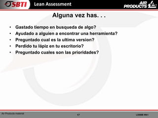 17 LSSBB Wk1
Air Products material
Lean Assessment
• Gastado tiempo en busqueda de algo?
• Ayudado a alguien a encontrar una herramienta?
• Preguntado cual es la ultima version?
• Perdido tu lápiz en tu escritorio?
• Preguntado cuales son las prioridades?
Alguna vez has. . .
 