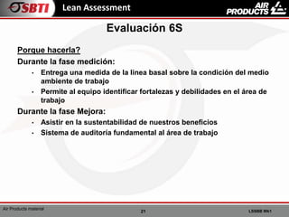 21 LSSBB Wk1
Air Products material
Lean Assessment
Porque hacerla?
Durante la fase medición:
• Entrega una medida de la linea basal sobre la condición del medio
ambiente de trabajo
• Permite al equipo identificar fortalezas y debilidades en el área de
trabajo
Durante la fase Mejora:
• Asistir en la sustentabilidad de nuestros beneficios
• Sistema de auditoría fundamental al área de trabajo
Evaluación 6S
 