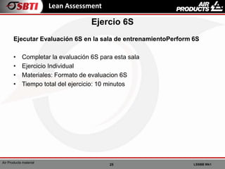 25 LSSBB Wk1
Air Products material
Lean Assessment
Ejecutar Evaluación 6S en la sala de entrenamientoPerform 6S
• Completar la evaluación 6S para esta sala
• Ejercicio Individual
• Materiales: Formato de evaluacion 6S
• Tiempo total del ejercicio: 10 minutos
Ejercio 6S
 