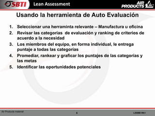6 LSSBB Wk1
Air Products material
Lean Assessment
1. Seleccionar una herraminta relevante – Manufactura u oficina
2. Revisar las categorías de evaluación y ranking de criterios de
acuerdo a la necesidad
3. Los miembros del equipo, en forma individual, le entrega
puntaje a todas las categorías
4. Promediar, rankear y graficar los puntajes de las categorías y
las metas
5. Identificar las oportunidades potenciales
Usando la herramienta de Auto Evaluación
 