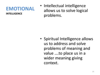 • Intellectual intelligence
EMOTIONAL        allows us to solve logical
INTELLIGENCE
                 problems.




               • Spiritual Intelligence allows
                 us to address and solve
                 problems of meaning and
                 value ….to place us in a
                 wider meaning giving
                 context.
                                              20
 