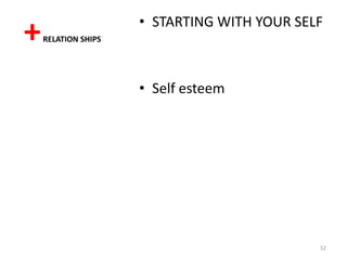 • STARTING WITH YOUR SELF
+   RELATION SHIPS




                     • Self esteem




                                             52
 