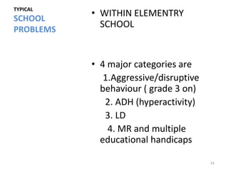 TYPICAL
SCHOOL
           • WITHIN ELEMENTRY
PROBLEMS
             SCHOOL


           • 4 major categories are
              1.Aggressive/disruptive
             behaviour ( grade 3 on)
              2. ADH (hyperactivity)
              3. LD
               4. MR and multiple
             educational handicaps

                                        54
 