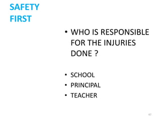 SAFETY
FIRST
         • WHO IS RESPONSIBLE
           FOR THE INJURIES
           DONE ?

         • SCHOOL
         • PRINCIPAL
         • TEACHER

                            67
 