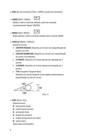 6
⇒ ESC (Sai do comando ATUAL / LIMPA a janela de comandos).
⇒ UNDO (EDIT / UNDO)
Desfaz o último comando utilizado, pode ser acionado
sucessivamente “dando” ENTER)
⇒ REDO (EDIT, REDO)
Refaz apenas o último comando desfeito pelo comando UNDO
⇒ CIRCLE (DRAW / CIRCLE)
Desenha círculos
• CENTER RADIUS: Desenha um círculo com especificação do
centro e do raio.
• CENTER DIAMETER: Desenha um círculo com especificação
do centro e do diâmetro.
• 2 POINTS: Desenha um círculo através da indicação de 2
pontos.
• 3 POINTS: Desenha um círculo através da indicação de 3
pontos.
• TTR (Tangente Tangente Raio)
Desenha um círculo tangente a dois objetos selecionados e
especificação do raio do círculo.
(Fig. 1)
⇒ ARC (Draw / Arc)
Desenha arcos.
S: start (ponto inicial)
C: center (ponto central)
E: end (ponto final)
A: ângulo de varredura
L: lenght (comprimento da corda)
R: radius (raio)
Optar pelas combinações:
 