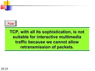 29.35
TCP, with all its sophistication, is not
suitable for interactive multimedia
traffic because we cannot allow
retransmission of packets.
Note
 