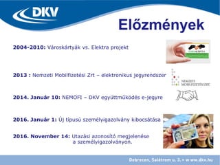 Előzmények
2004-2010: Városkártyák vs. Elektra projekt
2013 : Nemzeti Mobilfizetési Zrt – elektronikus jegyrendszer
2014. Január 10: NEMOFI – DKV együttműködés e-jegyre
2016. Január 1: Új típusú személyigazolvány kibocsátása
2016. November 14: Utazási azonosító megjelenése
a személyigazolványon.
 