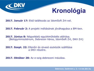 2017. Január 17: Első találkozás az IdomSoft Zrt-vel.
2017. Február 2: A projekt indításának jóváhagyása a BM-ben.
2017. Június 8: Négyoldalú együttműködés aláírása.
(Belügyminisztérium, Debrecen Város, IdomSoft Zrt, DKV Zrt)
2017. Szept. 22: Ellenőri és olvasó eszközök szállítása
a DKV részére.
2017. Október 28: Az e-szig debreceni indulása.
Kronológia
 