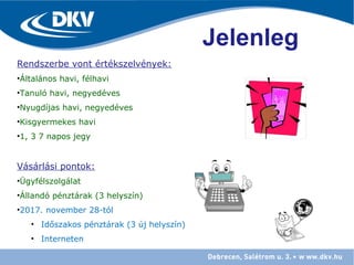 Jelenleg
Rendszerbe vont értékszelvények:
•Általános havi, félhavi
•Tanuló havi, negyedéves
•Nyugdíjas havi, negyedéves
•Kisgyermekes havi
•1, 3 7 napos jegy
Vásárlási pontok:
•Ügyfélszolgálat
•Állandó pénztárak (3 helyszín)
•2017. november 28-tól
• Időszakos pénztárak (3 új helyszín)
• Interneten
 
