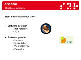 El software educativo Tipos de software educativos Software de autor - Hot Potatoes - JClic Software gratuito - Simuove - Senswitcher - Web Color Toy - Emulador 