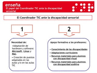 El papel del Coordinador TIC ante la discapacidad sensorial El Coordinador TIC ante la discapacidad sensorial 1 2 Necesidad de: • Adaptación de hardware y software:  Microsoft ,  Linux  y  Mac . •   Creación de puestos adaptados en las aulas y/o en las aulas TIC Apoyo formativo a los profesores: •   Conocimiento de las discapacidades •   Adaptaciones curriculares   •  Recursos materiales para alumnos con discapacidad visual •  Recursos materiales para alumnos   con discapacidad auditiva 