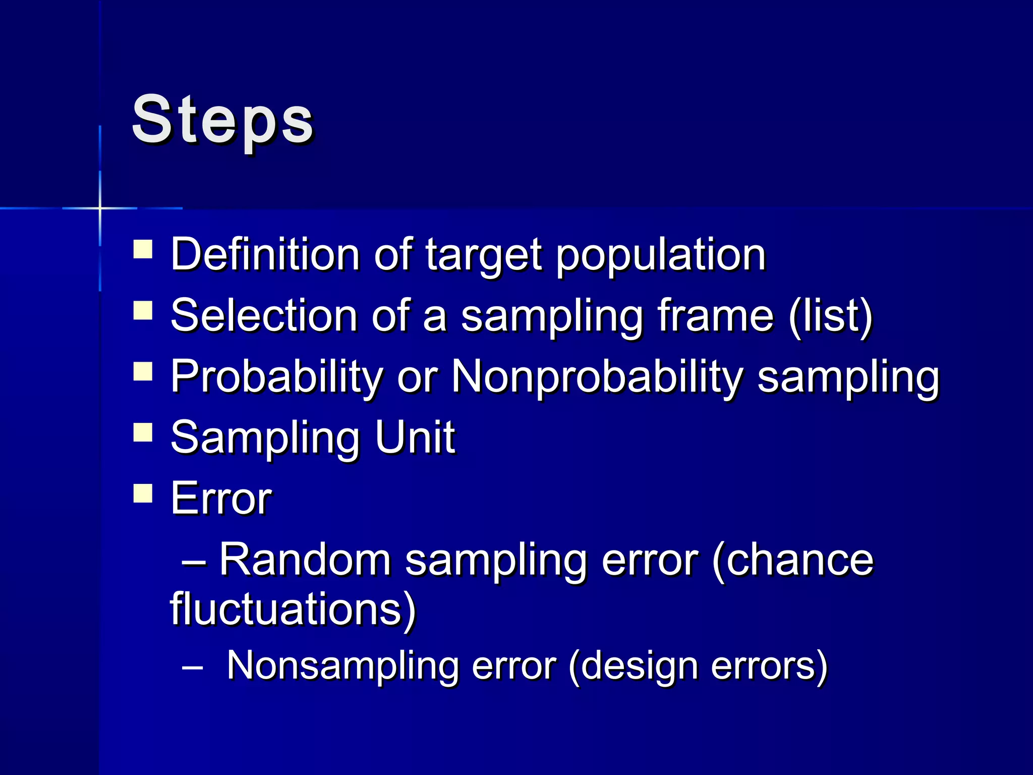 SStteeppss 
 DDeeffiinniittiioonn ooff ttaarrggeett ppooppuullaattiioonn 
 SSeelleeccttiioonn ooff aa ssaammpplliinngg ffrraammee ((lliisstt)) 
 PPrroobbaabbiilliittyy oorr NNoonnpprroobbaabbiilliittyy ssaammpplliinngg 
 SSaammpplliinngg UUnniitt 
 EErrrroorr 
–– RRaannddoomm ssaammpplliinngg eerrrroorr ((cchhaannccee 
fflluuccttuuaattiioonnss)) 
– NNoonnssaammpplliinngg eerrrroorr ((ddeessiiggnn eerrrroorrss)) 
 