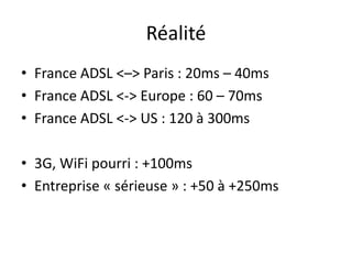 Réalité
• France ADSL <–> Paris : 20ms – 40ms
• France ADSL <-> Europe : 60 – 70ms
• France ADSL <-> US : 120 à 300ms
• 3G...