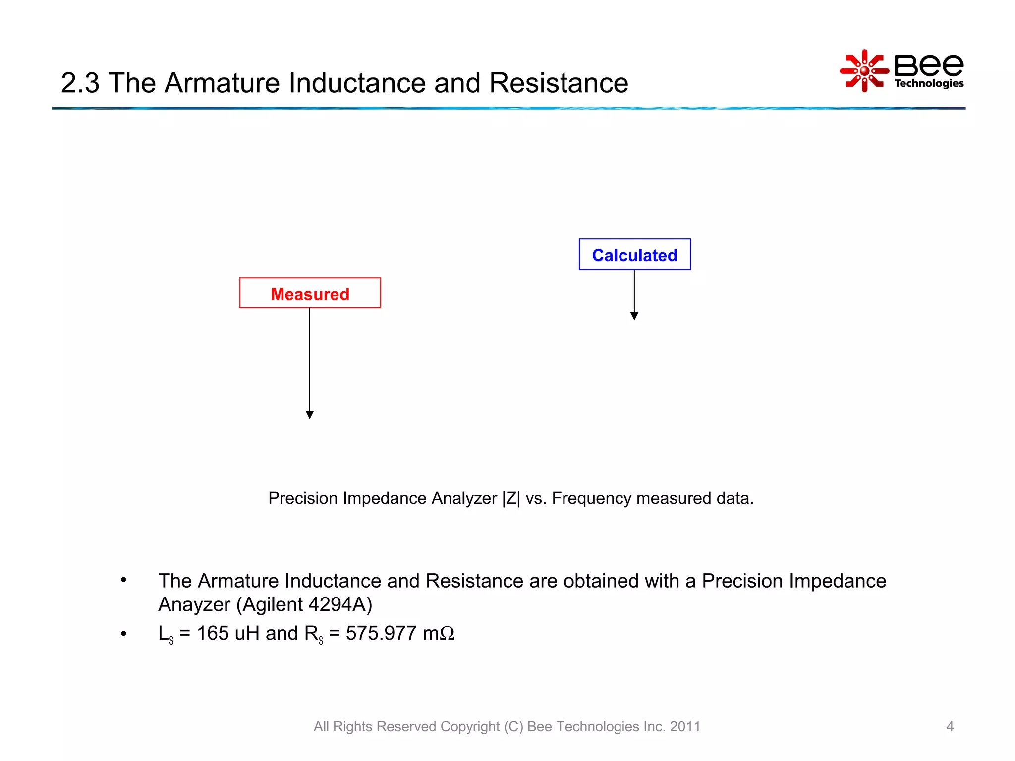 2.3 The Armature Inductance and Resistance
• The Armature Inductance and Resistance are obtained with a Precision Impedance
Anayzer (Agilent 4294A)
• LS = 165 uH and RS = 575.977 mΩ
All Rights Reserved Copyright (C) Bee Technologies Inc. 2011 4
Calculated
Measured
Precision Impedance Analyzer |Z| vs. Frequency measured data.
 