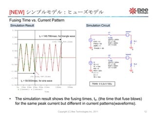 [NEW] シンプルモデル：ヒューズモデル
Fusing Time vs. Current Pattern
Simulation Result                                                                Simulation Circuit
     2.0A
                                                                                                                       sense1
                                                                                                        U1

     1.5A                          tF = 149.796msec. for triangle wave
                                                                                                        FUSE
                                                                                          I1            IRATE = 400m
                                                (149.796m,959.222m)                       IOFF = 0      FF = 1.55                   RL1
                                                                                                        RINT = 650m                 1
     1.0A                                                                                 FREQ = 50
                                                                                                        I2T = 0.024
                                                                                          IAMPL = 1
                                                                                          PHASE = -90
                                                                                      0                                         0
     0.5A

                                                                                                                       sense2
                                                                                                        U2
       0A
                                                                                                        FUSE
                                                                                          I2            IRATE = 400m
    -0.5A                                                                                 TD = 0        FF = 1.55                   RL2
                                                                                          TF = 10m      RINT = 650m                 1
                                                                                                        I2T = 0.024
                                                                                          PW = 0
    -1.0A                                                                                 PER = 20m
                                                                                      0   I1 = -1                               0
                                                                                          I2 = 1
                          (59.503m,-987.814m)                                             TR = 10m
    -1.5A
                  tF = 59.503msec. for sine wave
    -2.0A
                                                                                      .TRAN 0 0.2s 0 100u
            0s    20ms 40ms 60ms 80ms 100ms        140ms      180ms
                 I(sense1)  I(sense2)
                                       Time



•      The simulation result shows the fusing times, tF, (the time that fuse blows)
       for the same peak current but different in current patterns(waveforms).
                                                     Copyright (C) Bee Technologies Inc. 2011                                             12
 