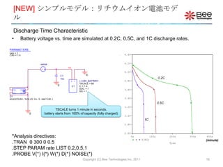 [NEW] シンプルモデル：リチウムイオン電池モデ
   ル
   Discharge Time Characteristic
  •      Battery voltage vs. time are simulated at 0.2C, 0.5C, and 1C discharge rates.

PARAMETERS:
rate = 1
CAh = 1.4                                                                                    4.4V


                            sense                                                            4.2V
                                                    HI
                                                                                             4.0V
                                              C1                  0
                                              10n                                                                      0.2C
                                                     +    -   LI-ION_BATTERY                 3.8V
                                                              TSCALE = 60
                                          0              U1   C = 1.4
   IN+    OUT+                                                SOC = 1                        3.6V
                                                              NS = 1
   IN-    OUT-
G1
limit(V(%IN+, %IN-)/0.1m, 0, rate*CAh )                                                      3.4V

                                                                                                                       0.5C
                                                                                             3.2V
                                       TSCALE turns 1 minute in seconds,
                 0             battery starts from 100% of capacity (fully charged)
                                                                                             3.0V
                                                                                                            1C
                                                                                             2.8V


                                                                                             2.6V
  *Analysis directives:                                                                             0s          100s          200s   300s   400s
                                                                                                           V(HI)                            (minute)
  .TRAN 0 300 0 0.5                                                                                                           Time

  .STEP PARAM rate LIST 0.2,0.5,1
  .PROBE V(*) I(*) W(*) D(*) NOISE(*)
                                                                Copyright (C) Bee Technologies Inc. 2011                                    16
 
