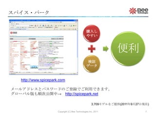 スパイス・パーク


                                                   購入し
                                                   やすい



                                                                   便利
                                                   検証
                                                   データ


   http://www.spicepark.com

メールアドレスとパスワードのご登録でご利用できます。
グローバル版も順次公開中→ http://spicepark.net

                                                        3,709モデルをご提供(2011年9月27日現在)

                       Copyright (C) Bee Technologies Inc. 2011                 7
 