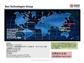 Bee Technologies Group
お問合わせ先)
info@bee-tech.com
【本社】
株式会社ビー・テクノロジー
〒105-0012 東京都港区芝大門二丁目2番7号 7セントラルビル4階
代表電話: 03-5401-3851
設立日:2002年9月10日
資本金:8,830万円
【子会社】
Bee Technologies Corporation (アメリカ)
Siam Bee Technologies Co.,Ltd. (タイランド)
本ドキュメントは予告なき変更をする場合がございます。
ご了承下さい。また、本文中に登場する製品及びサービス
の名称は全て関係各社または個人の各国における商標
または登録商標です。本原稿に関するお問い合わせは、
当社にご連絡下さい。
Copyright (C) Bee Technologies Inc. 2011 28
 