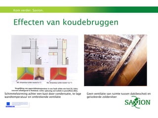 Effecten van koudebruggen  Geen ventilatie van ruimte tussen dak(beschot) en geïsoleerde zoldervloer Schimmelvorming achter een kast door condensatie, te lage wandtemperatuur en ontbrekende ventilatie 