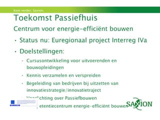 Toekomst Passiefhuis Centrum voor energie-efficiënt bouwen Status nu: Euregionaal project Interreg IVa Doelstellingen: Cursusontwikkeling voor uitvoerenden en bouwopleidingen Kennis verzamelen en verspreiden Begeleiding van bedrijven bij uitzetten van innovatiestrategie/innovatietraject Voorlichting over Passiefbouwen Competentiecentrum energie-efficiënt bouwen 