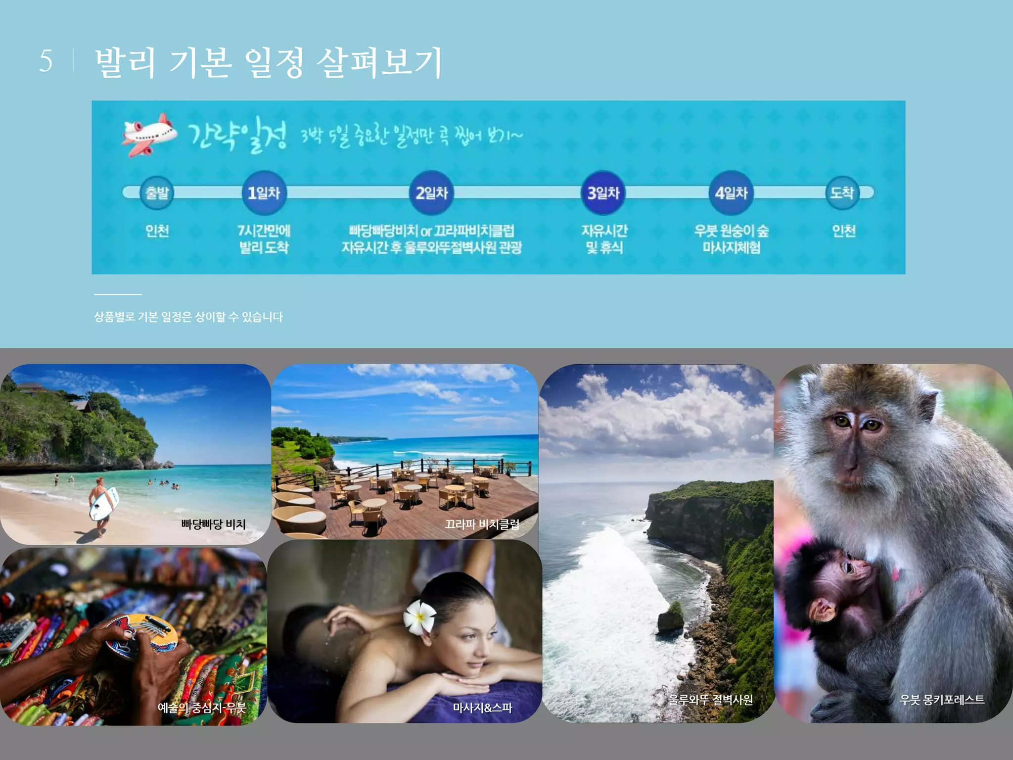 5

발리 기본 일정 살펴보기

상품별로 기본 일정은 상이할 수 있습니다

빠당빠당 비치

예술의 중심지-우붓

끄라파 비치클럽

마사지&스파

울루와뚜 절벽사원

우붓 몽키포레스트

 